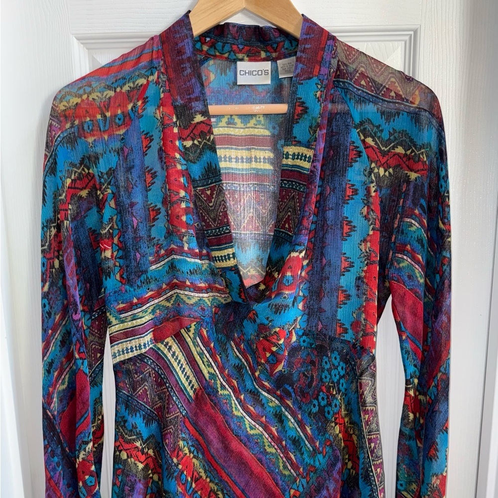 Chicos 100% Silk Tunic Long Sleeve Sheer Top Sz 0 Small Colorful Feminine Chic
